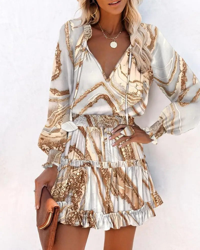 Damklänning Blommönstrad med Långa Ärmar V-halslinje Lätt Material-3