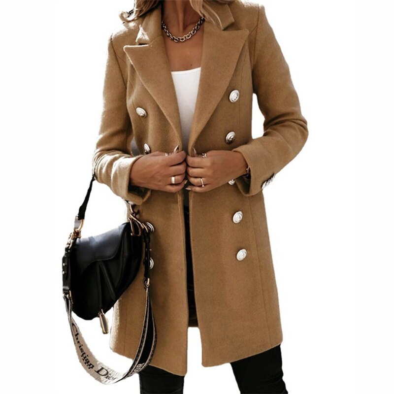 Dam Trenchcoat Lång Klassisk Ullutseende med Knappar 12