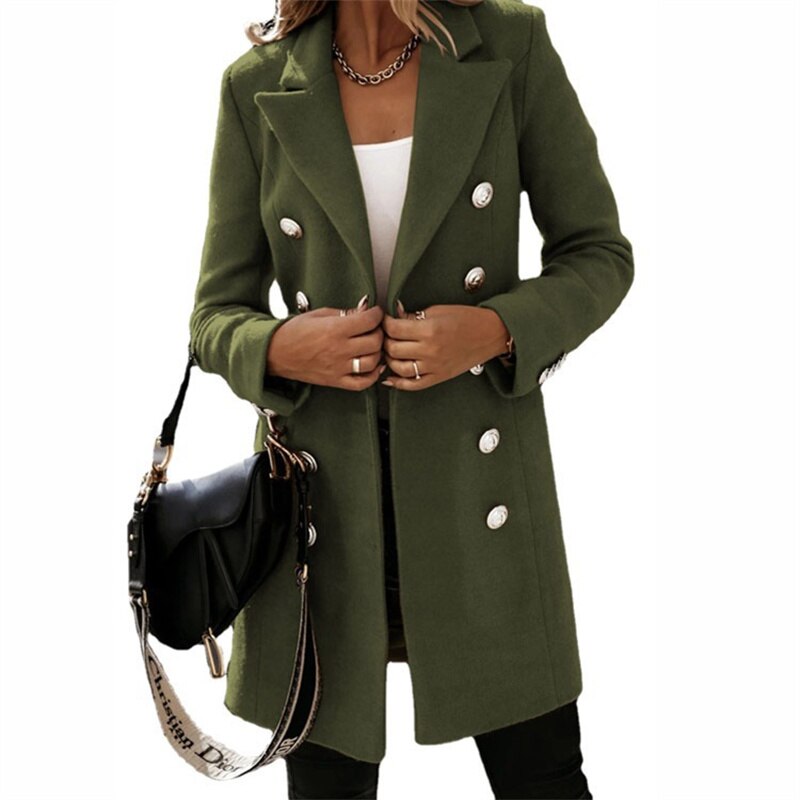 Dam Trenchcoat Lång Klassisk Ullutseende med Knappar 13