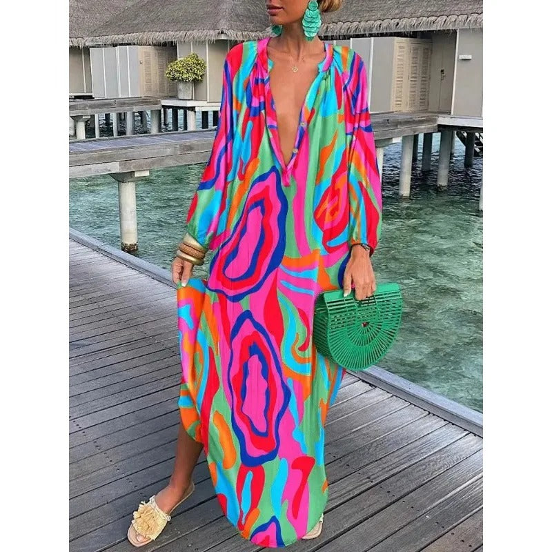Dam Sommarklänning V-ringning Korta Ärmar Ruffles Lätt Material-6