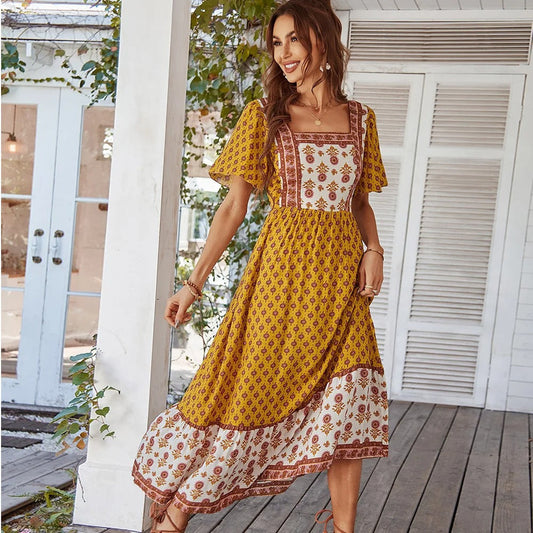 Långklänning Dam Boho Blommönster Polyester Fyrkantig Halsringning-1