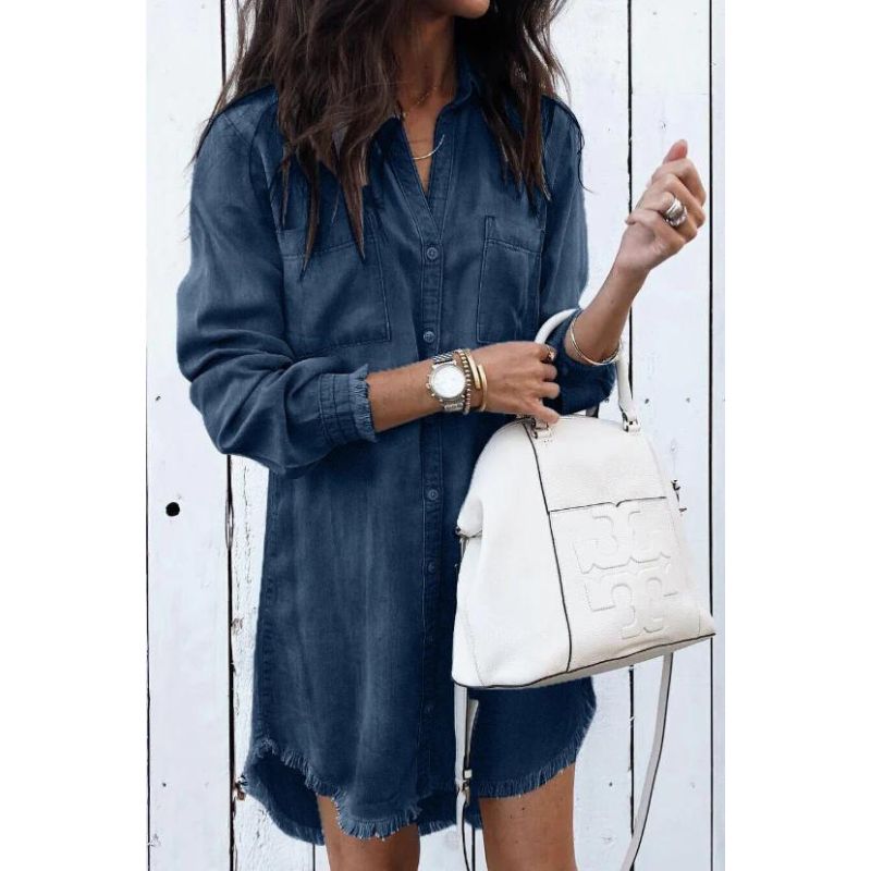 Dam Jeansklänning Avslappnad Stil med Fransar Denim 3