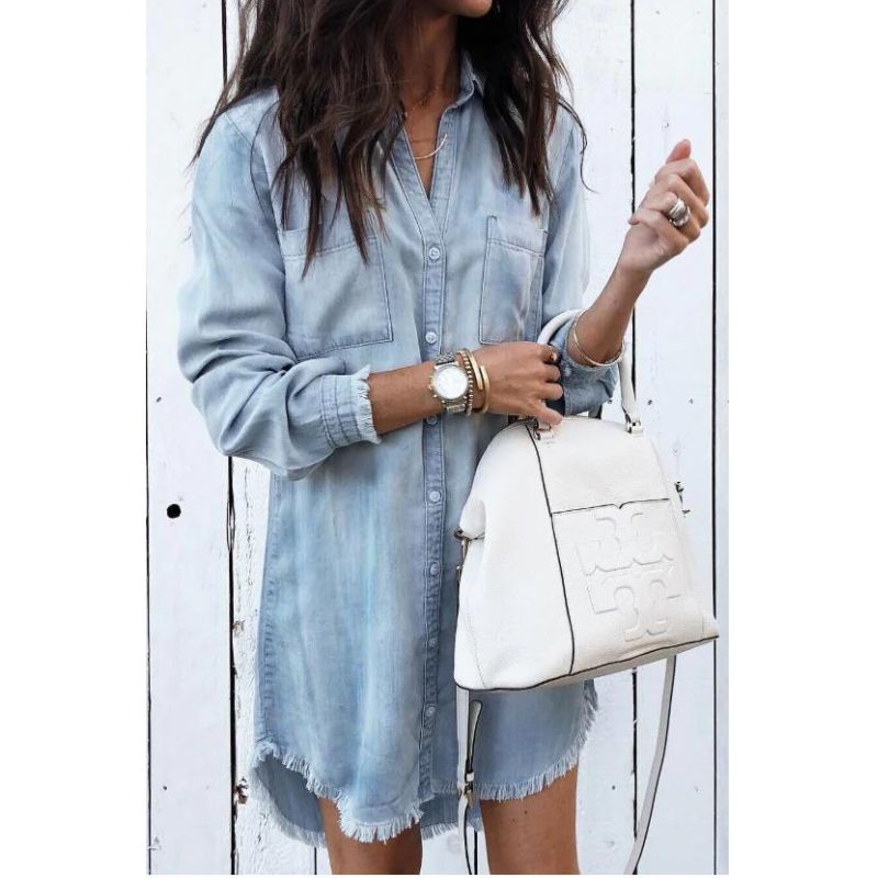 Dam Jeansklänning Avslappnad Stil med Fransar Denim 5