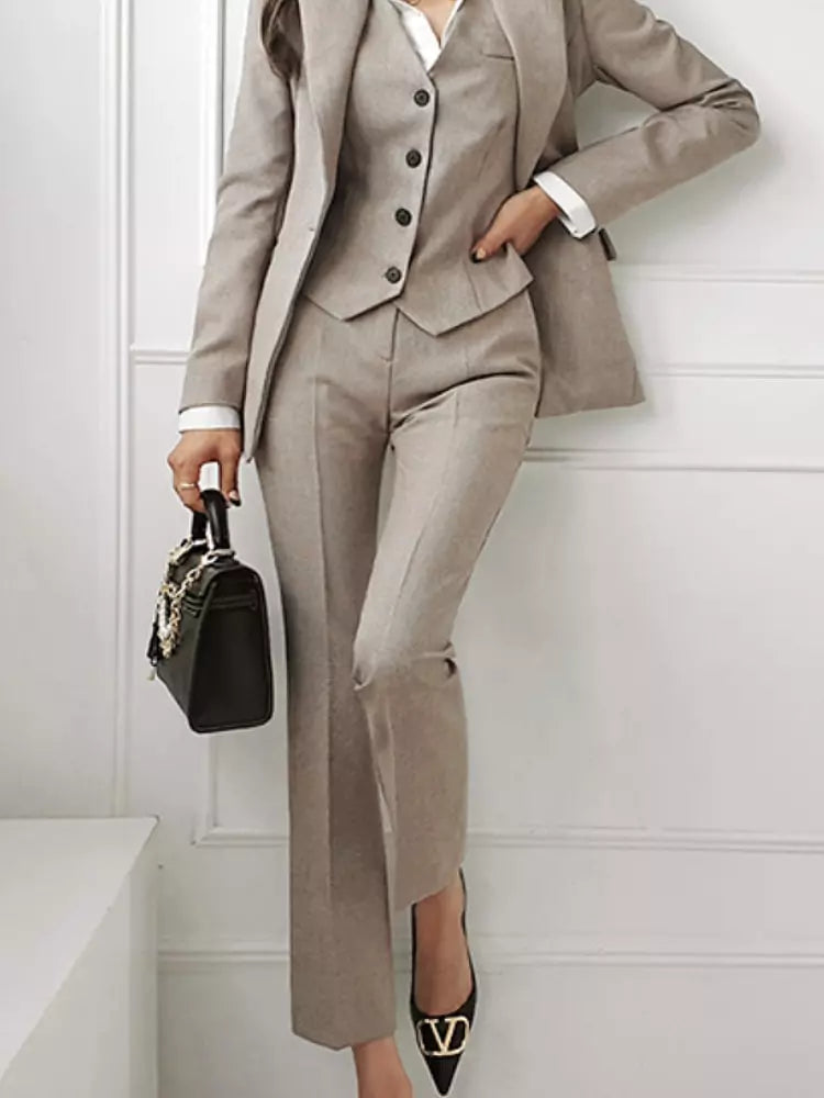 Dam Blazer Set Monokrom Polyester med Långärmad Topp, Väst och Byxor-6