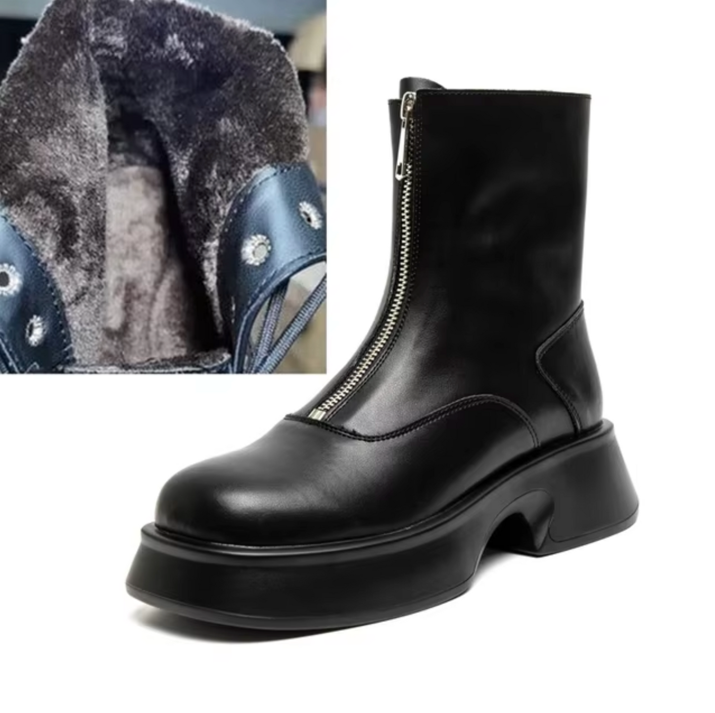 Kvinna Vinterskor Kort Läder med Pälsfoder-3