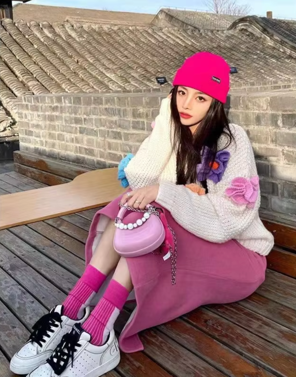 Dam Stickad Tröja 3D Blommor Avslappnad Akrylblandning-3