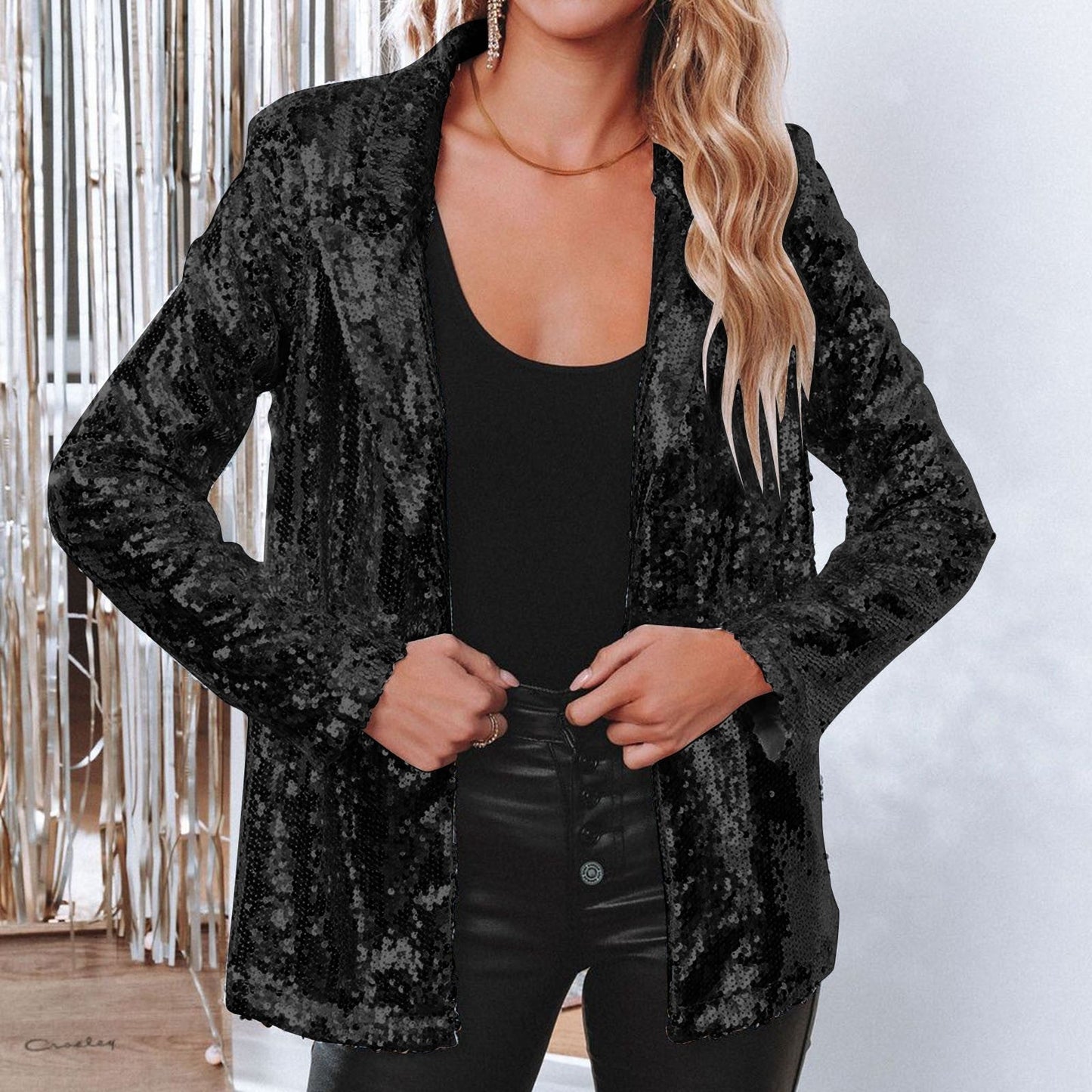 Kvinnors Glitter Blazer Elegant Blandat Tyg Vinter-3