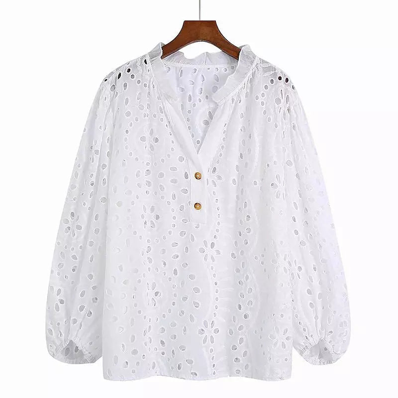 Kvinnors Blus Modern Broderad Polyester Tre Fjärdedelar-4