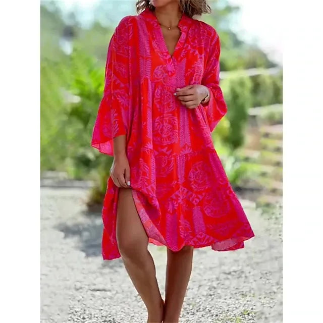 Eleganta Damklänningar Midi med Blommönster och V-ringning – 3/4 Ärmar i Polyester, Lätt och Bekväm 5