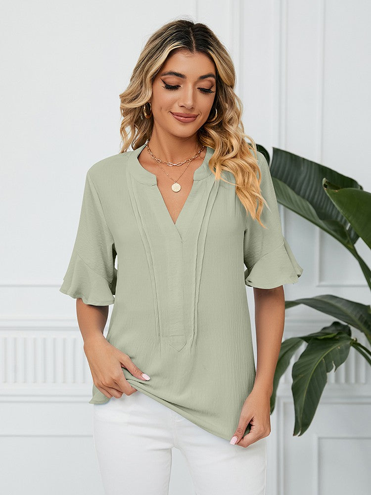 Kvinnors Blus V-ringning Korta Ärmar Polyester 4