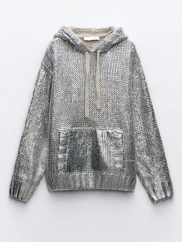 Huvtröja Dam Metallisk Ribbad Design 100% Bomull-2