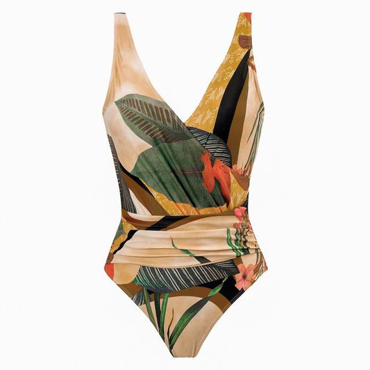 Baddräkt Dam med Djup V-ringning och Kimono Stil – Blommönster i Hållbar Polyester, Perfekt för Strand och Simning 1
