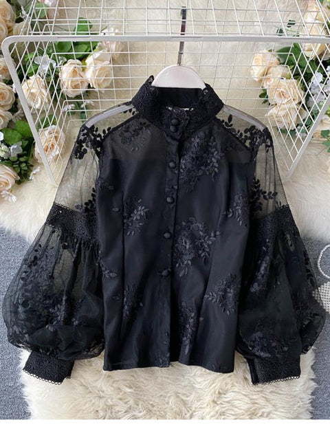 Damblus Puffärmar Ståkrage Polyester 8