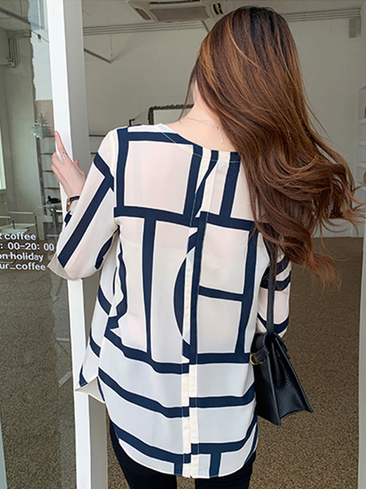 Dam Chiffongblus V-ringning Långa Ärmar Rynkfri Polyester-4