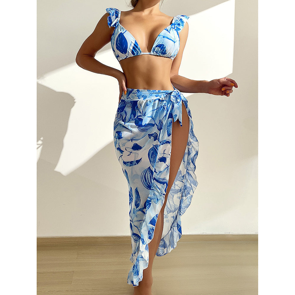 Dam Tre-delad Bikini med Ruffles Bomull och Spandex-5