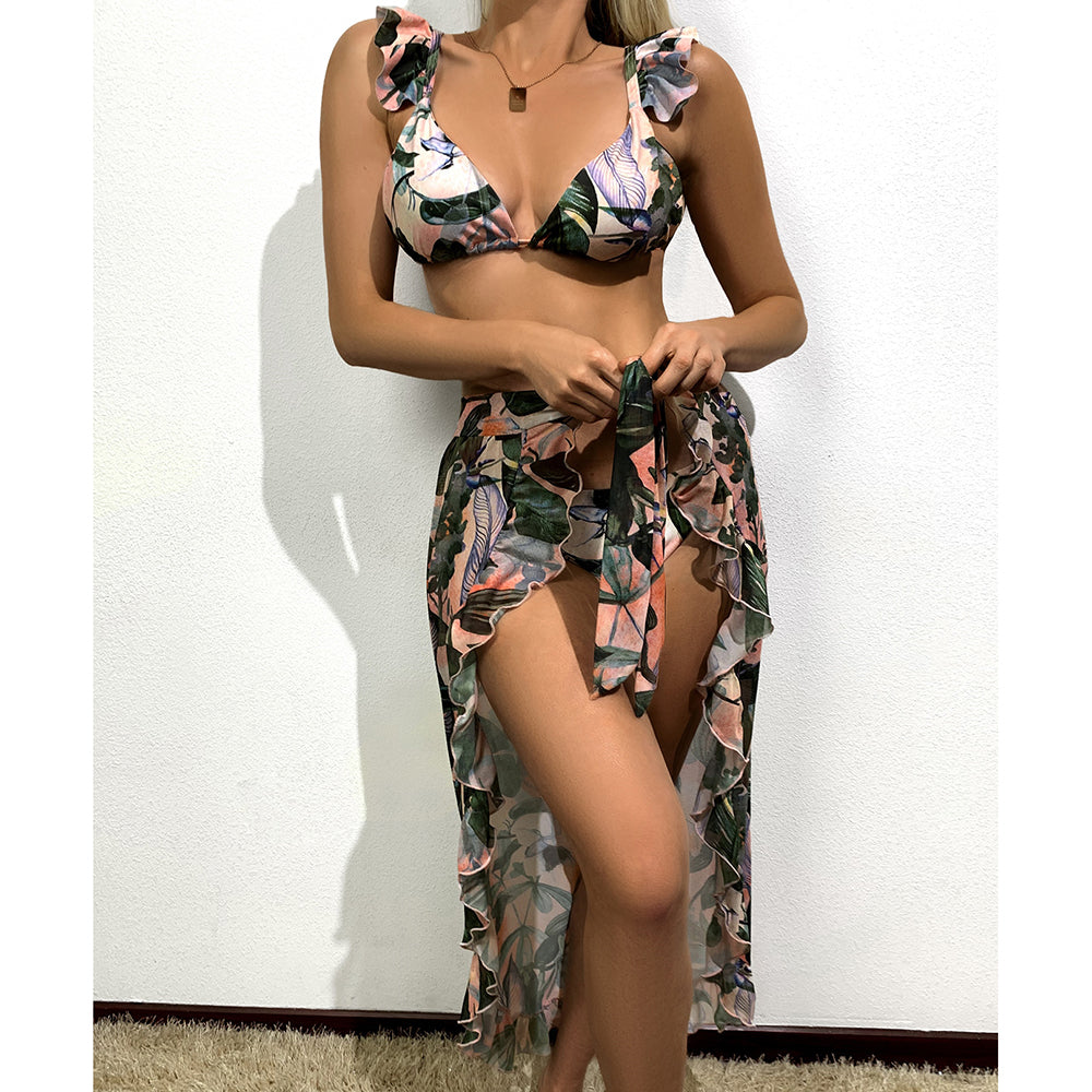 Dam Tre-delad Bikini med Ruffles Bomull och Spandex-4