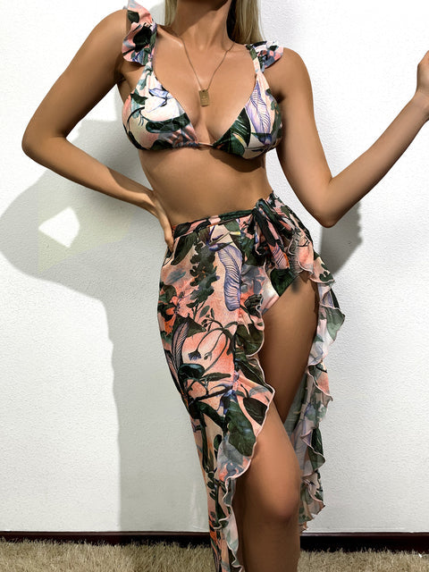 Dam Tre-delad Bikini med Ruffles Bomull och Spandex-1