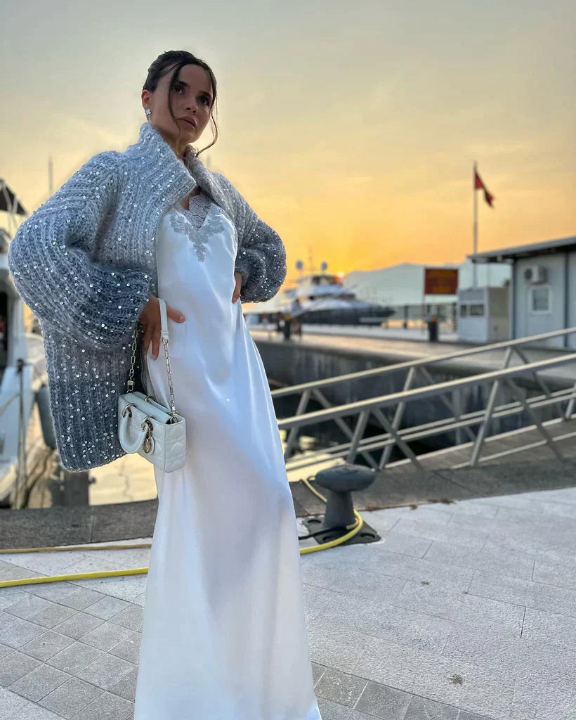 Dam Sidenkardigan Glittrande Vintermode Lyxig Sidenblandning-1