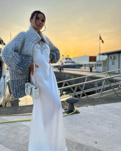 Dam Sidenkardigan Glittrande Vintermode Lyxig Sidenblandning-1