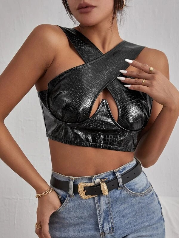 Dam Crop Top Djurdesign PU-Läder-5