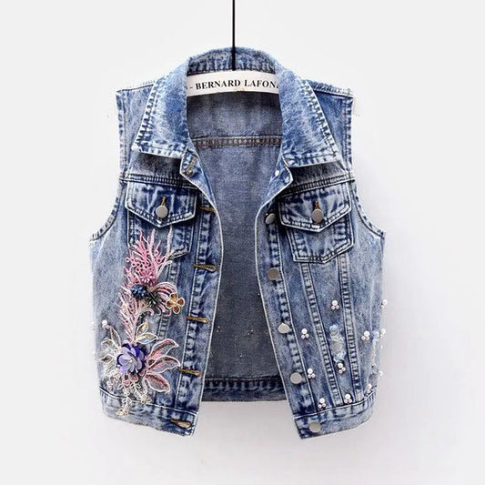 Dam Jeansväst Slim Fit med Broderade Blommor och Pärlapplikationer-1