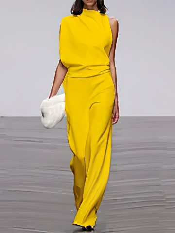 Dam Topp och Byxor Set Asymmetrisk Design Högkvalitativt Tyg för Sommarkläder-1