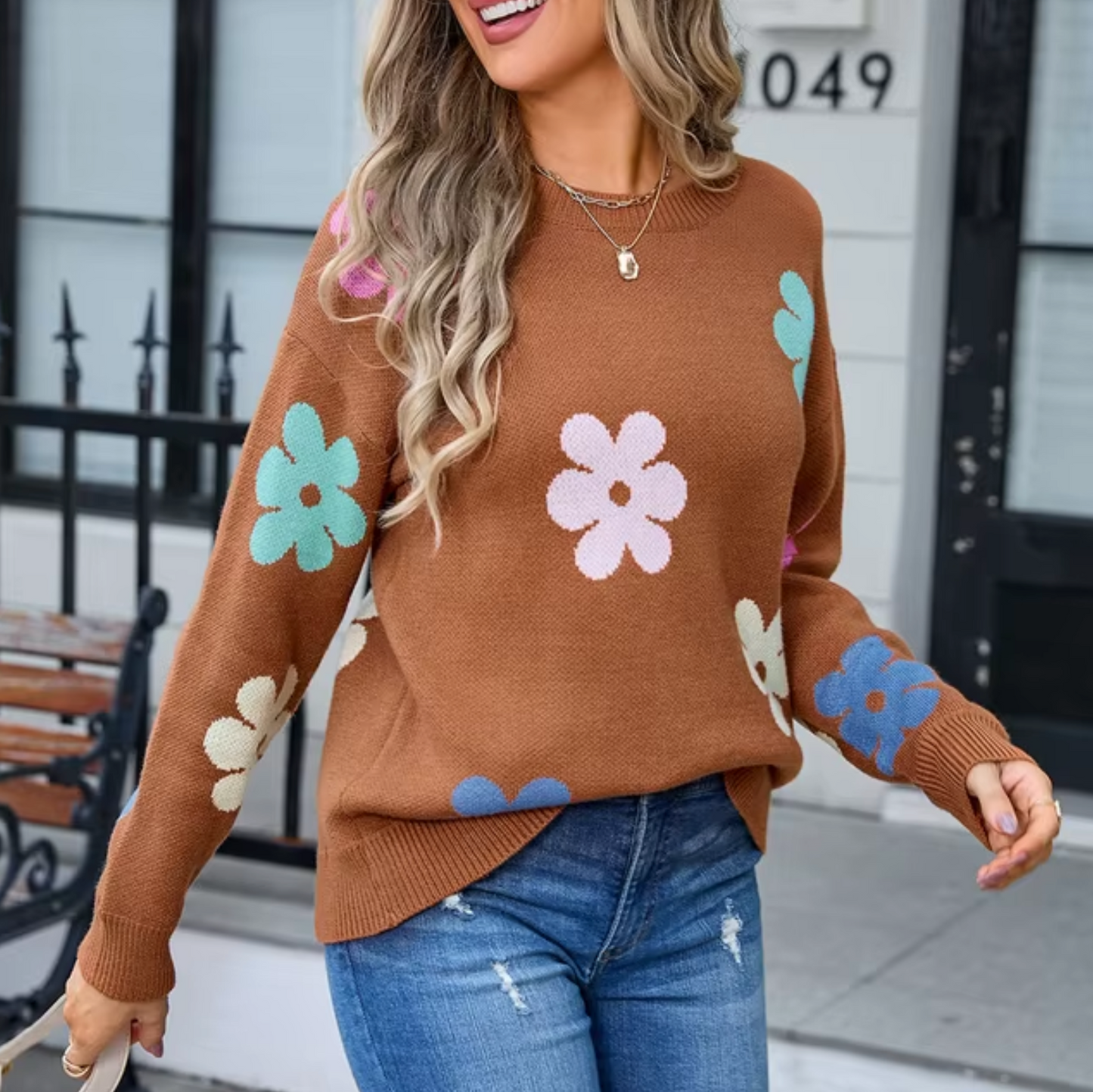 Variant image for Stickad Dam Tröja Blommönster Mjuk Materialmix Avslappnad Passform-17