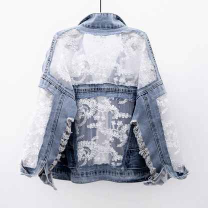 Dam Denimjacka med Spetsdetaljer och Klassisk Design-5