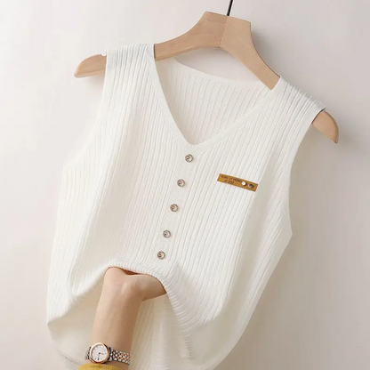 Variant image for Kvinnors Ärmless Stickad Topp V-ringning Högkvalitativ Stickning-1