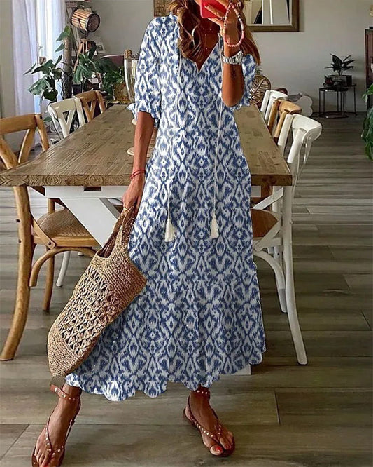 Dam Maxiklänning Boho V-ringning med Tassel Band i Lätt Material-1
