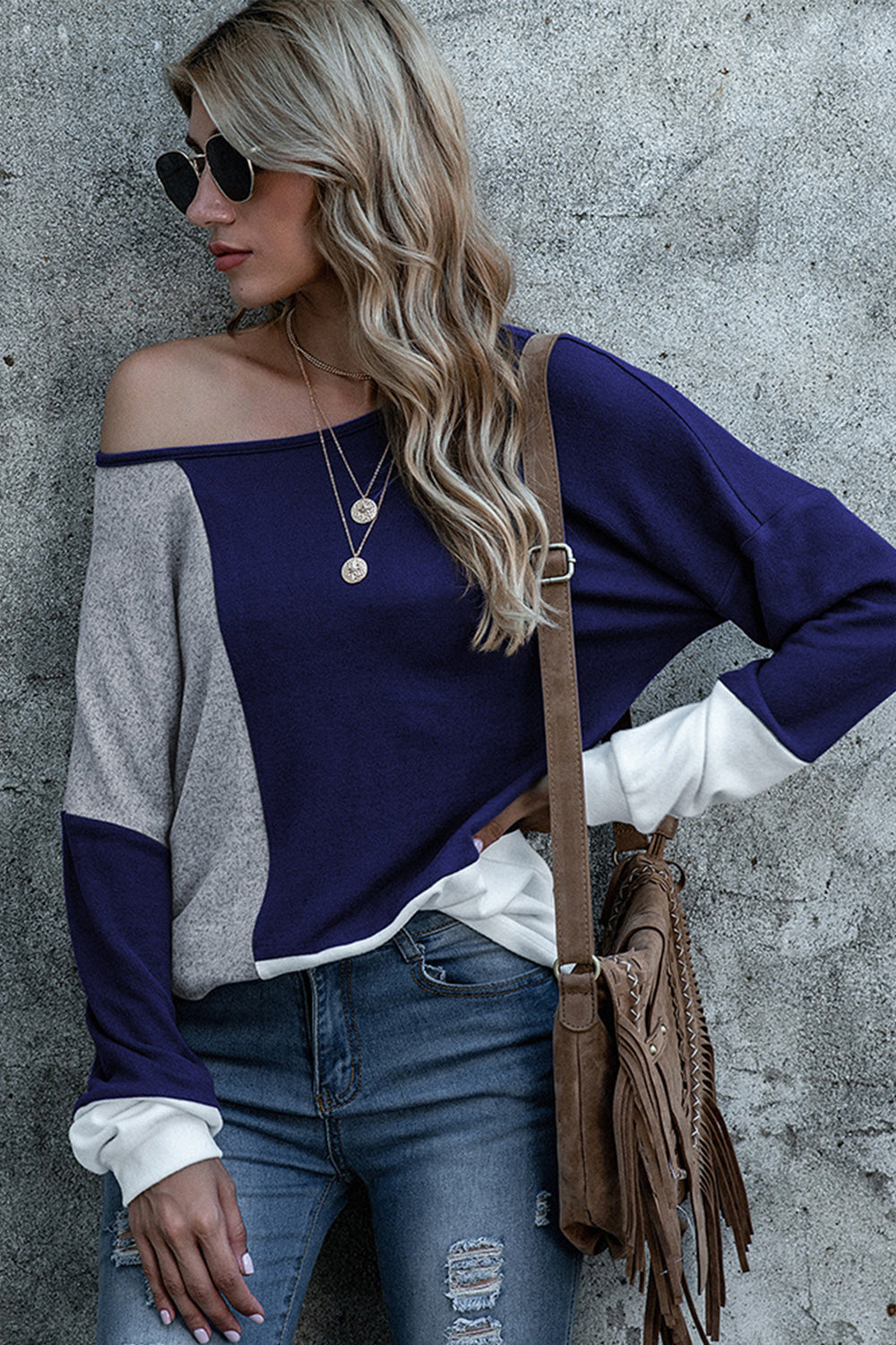 Variant image for Dam Långärmad Topp Färgblock Polyester Rund Hals-1