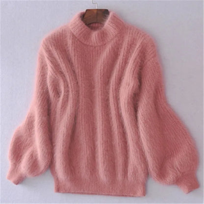 Dam Stickad Tröja Löst Angora Turtleneck Mjuk och Andningsbar-3