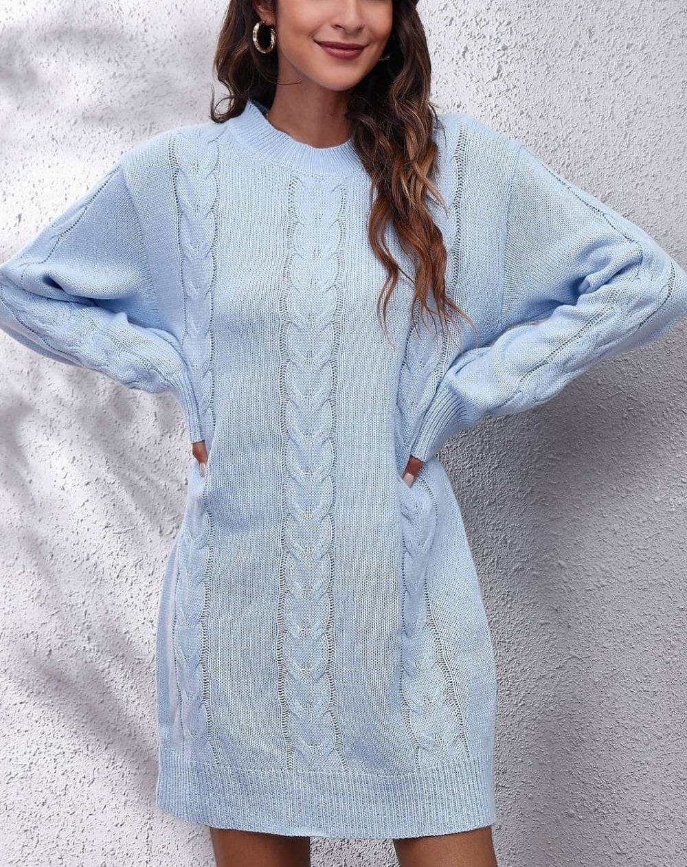 Dam Stickad Klänning Rund Halsringning Flätmönster Mjuk Höstdesign-4