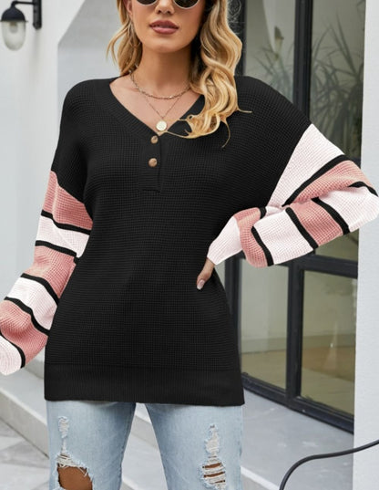 Stickad Tröja Dam med Färgblock och Knappdetaljer i Akryl-2