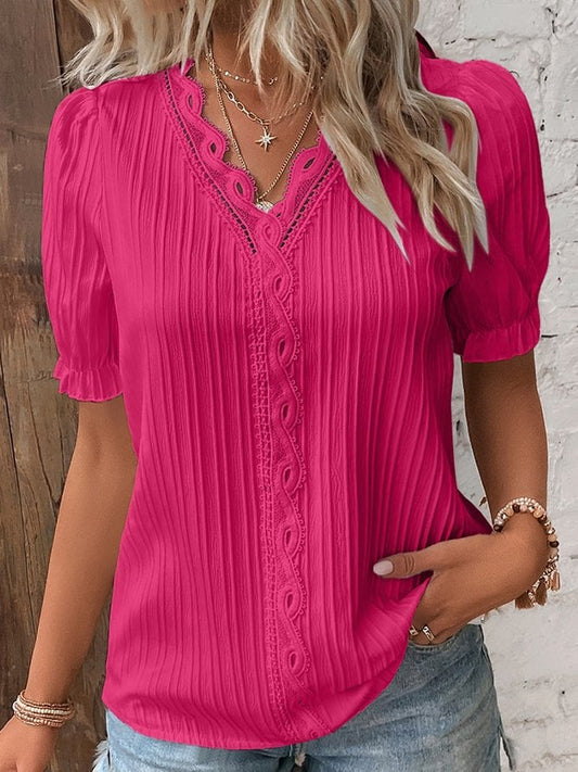 Dam V-ringad Blus med Eleganta Detaljer i Bomullsblandning-1