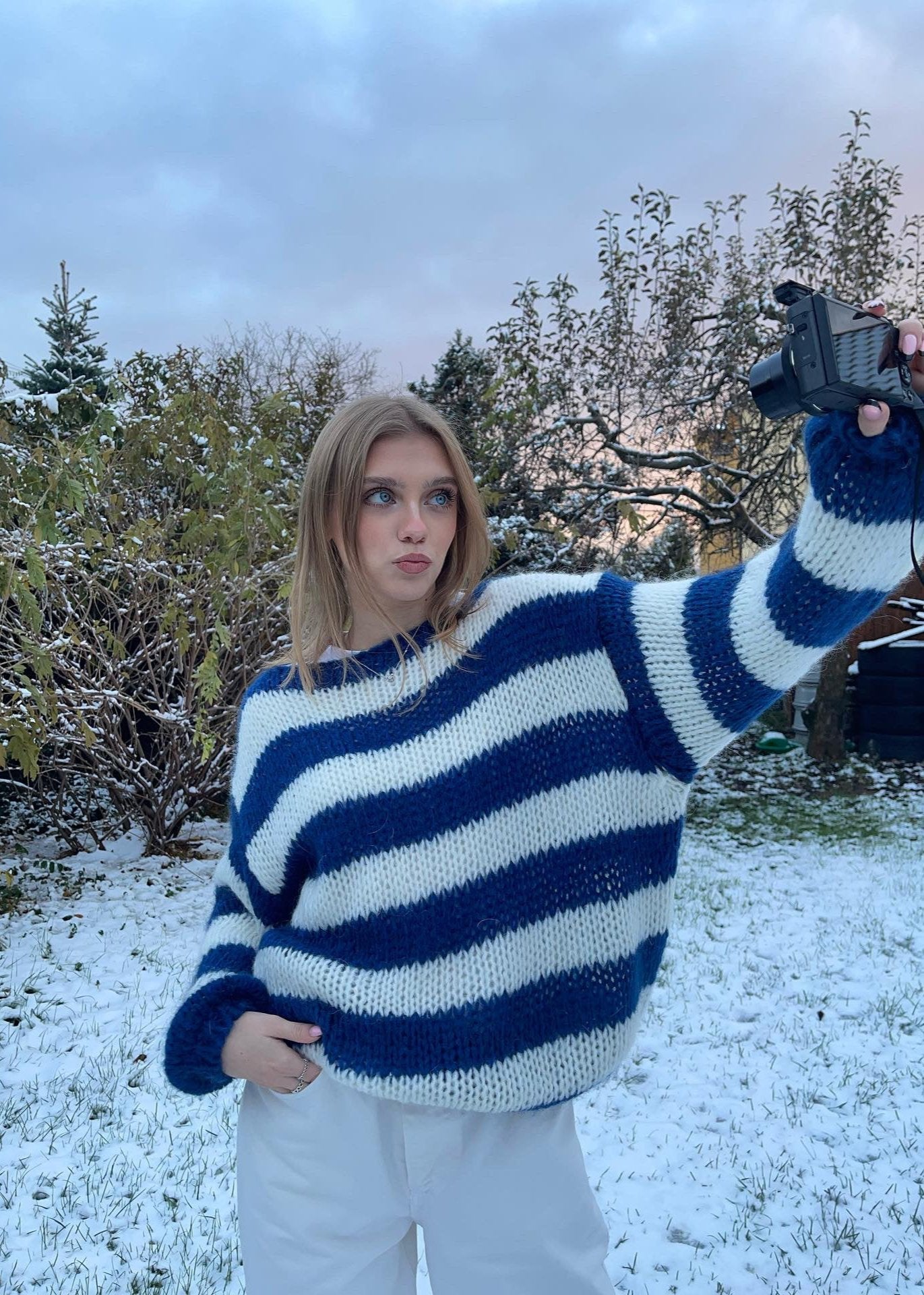 Stickad Dam Tröja Löst Passform Mjuk Akrylblandning-4