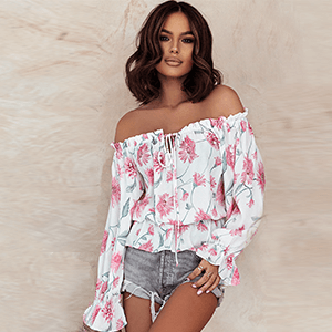 Kvinno Off-Shoulder Blommablus med Ruffles Lätt Tyg 2