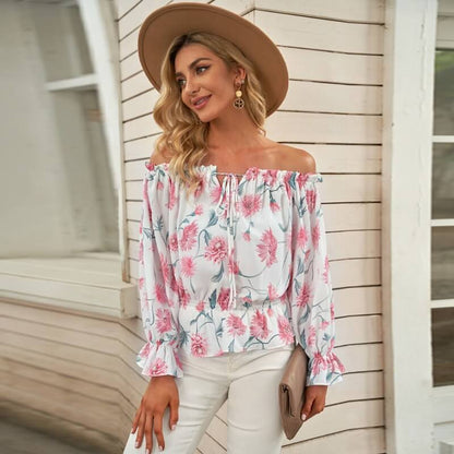 Kvinno Off-Shoulder Blommablus med Ruffles Lätt Tyg 4