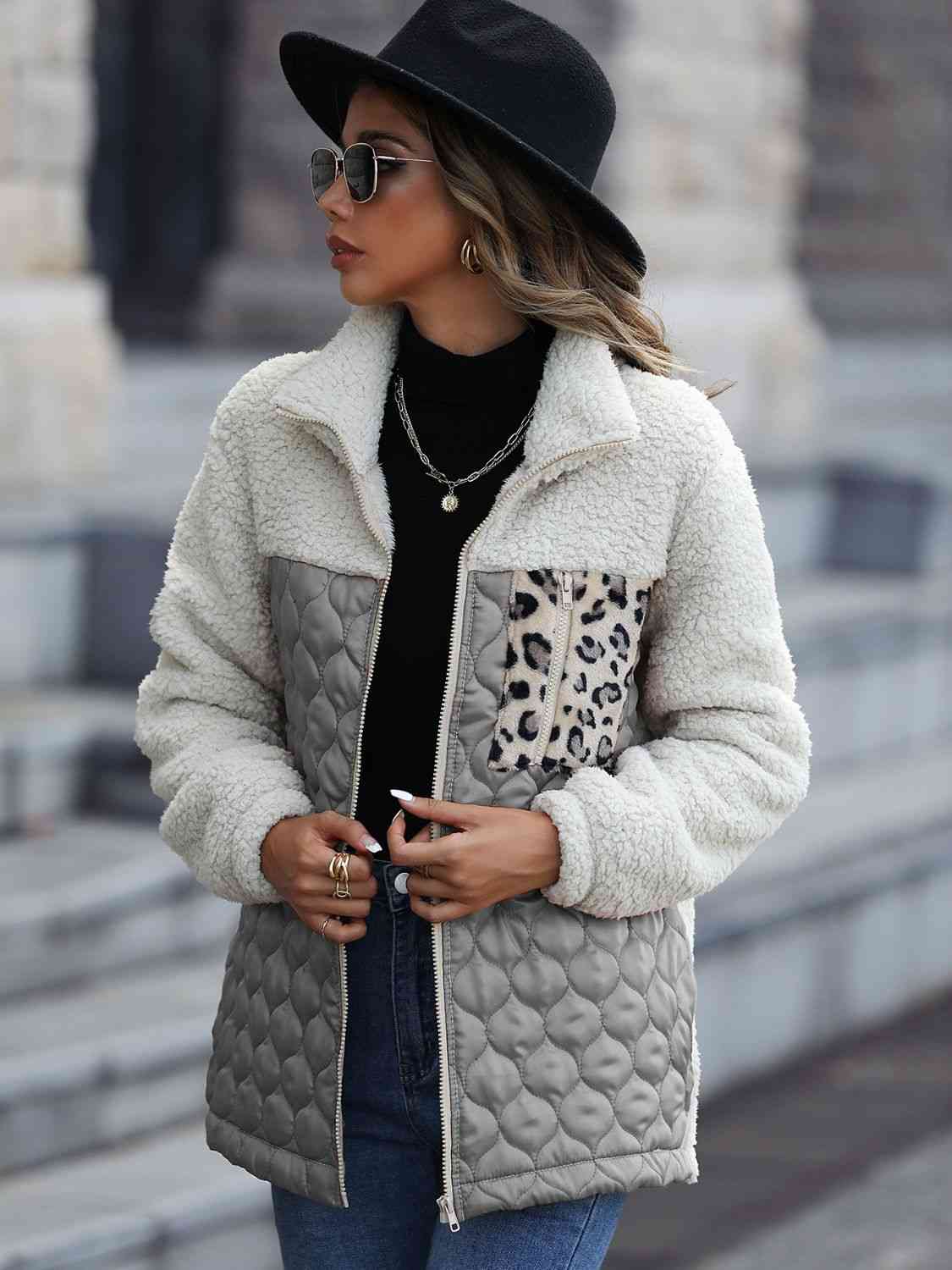 Variant image for Vårjacka Dam Färgblock Leopardmönster Polyester Zip Jacka-17