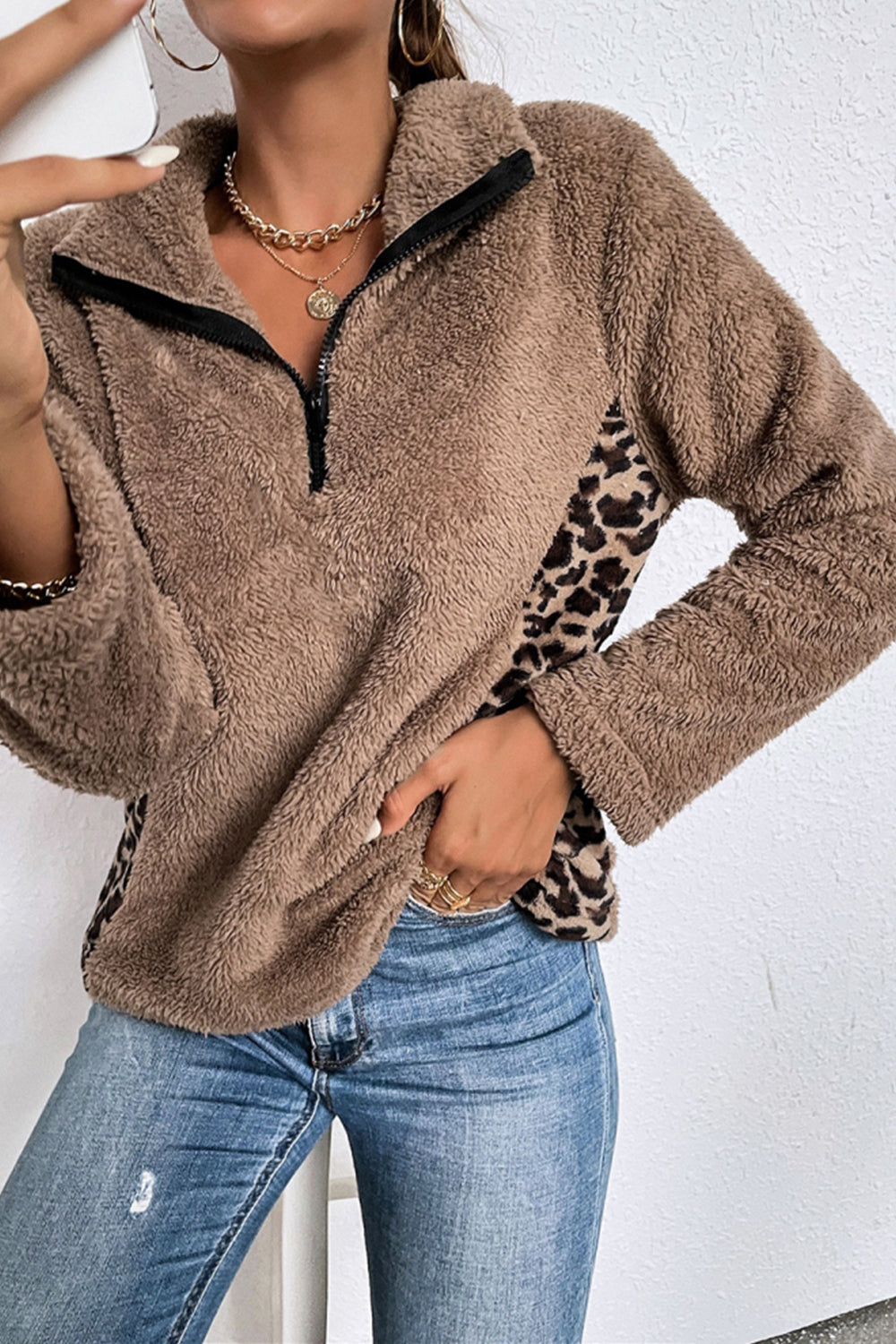 Dam Sweater Leopardmönster Patchwork Polyester Fleece-3