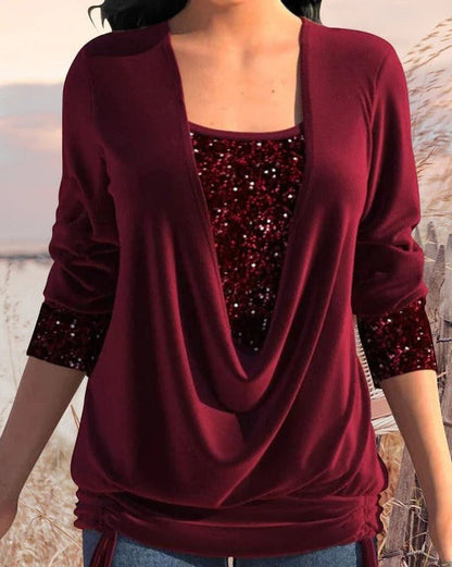 Variant image for Blusar Dam Långärmad V-Ringning Rynkefritt Tyg med Paljetter-17