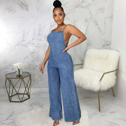 Dam Jumpsuit Trendig Denimlook 100% Bomull-3