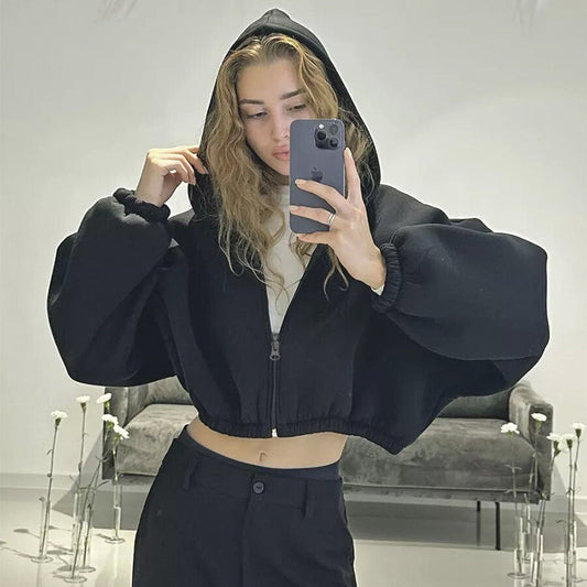 Dam Hoodie Kort Med Blixtlås Ballongärmar Bomullsblandning 1