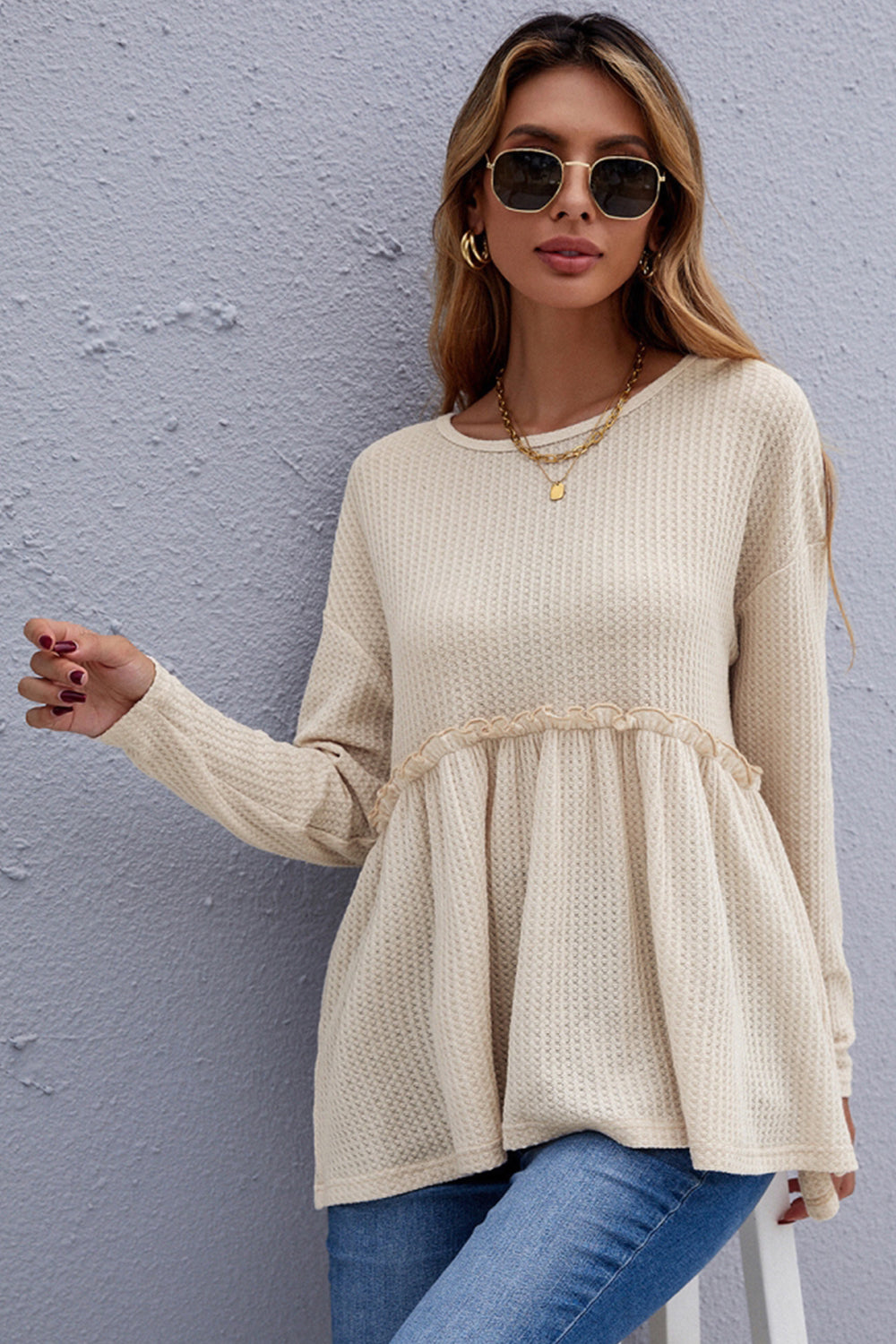 Dam Tröja Waffle Patchwork Polyester Standard Passform 7