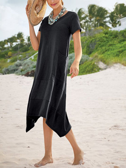 Damklänning Midi Asymmetrisk Design Bomull Polyester Kortärmad med Fickor-5