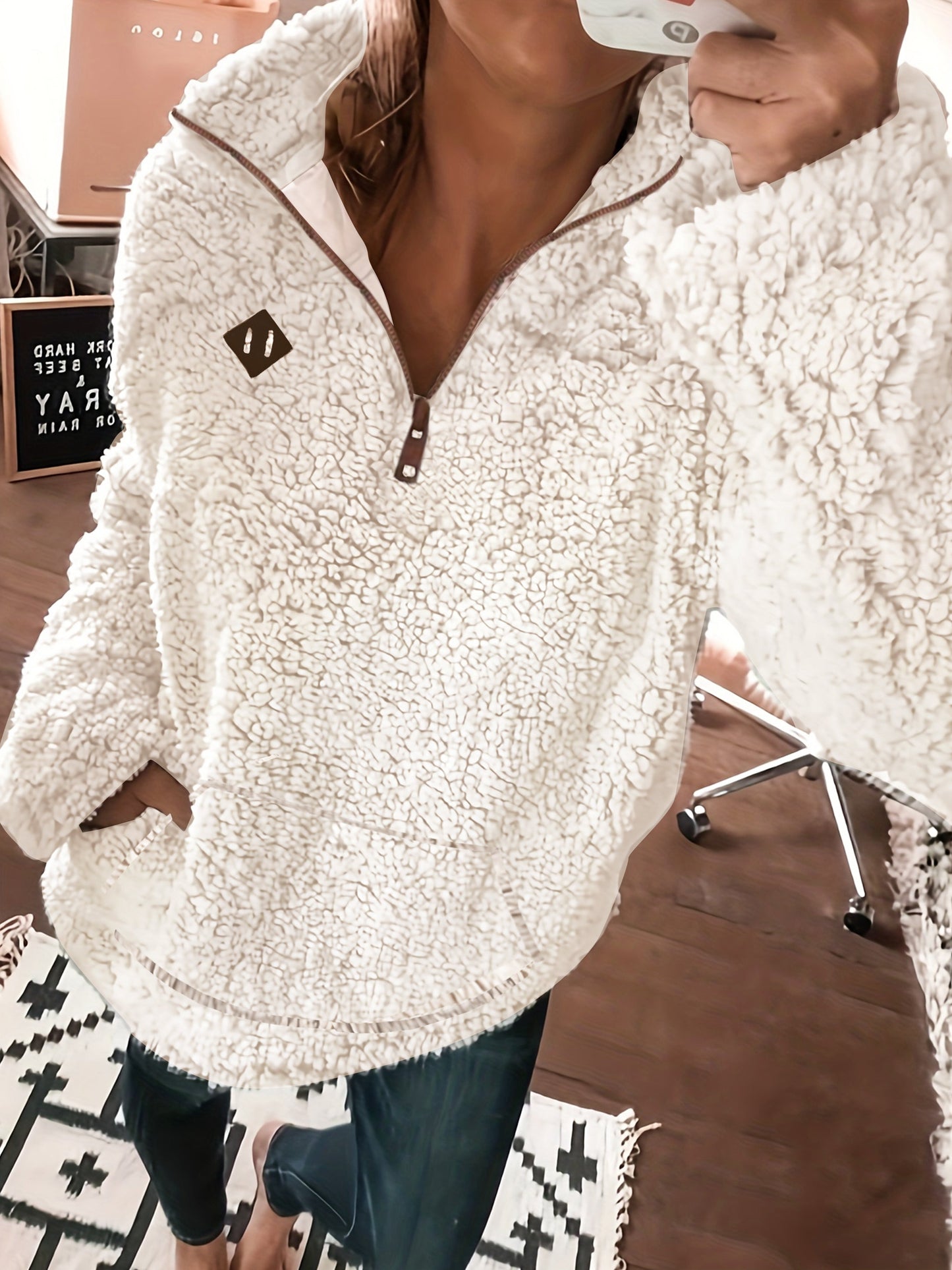 Dam Tröja Quarter Zip Pullover Teddy Material Mjuk och Bekväm-5