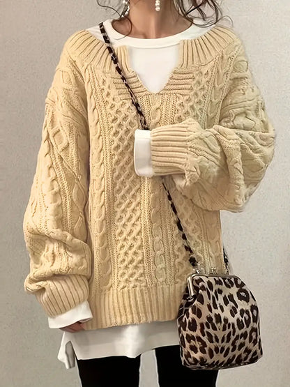 Stickad Dam Tröja V-ringad Kabelmönster Mjuk Akrylblandning-4