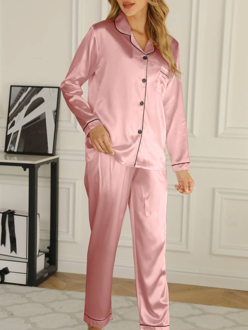 Kvinnors Pyjamasuppsättning med Vändkrage i Polyester och Elasthan – Klassisk Design, Maskintvättbar, Normal Passform 2