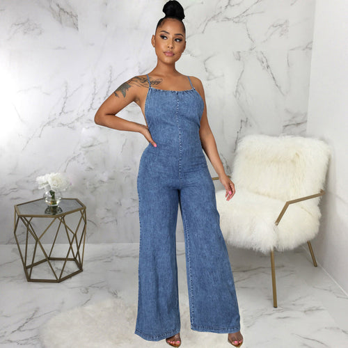 Dam Jumpsuit Trendig Denimlook 100% Bomull-1