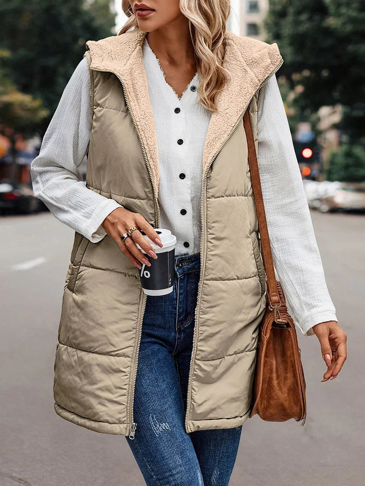 Dam Reversibel Kapuzenväst Fleece med Dubbel Termisk Isolering 14